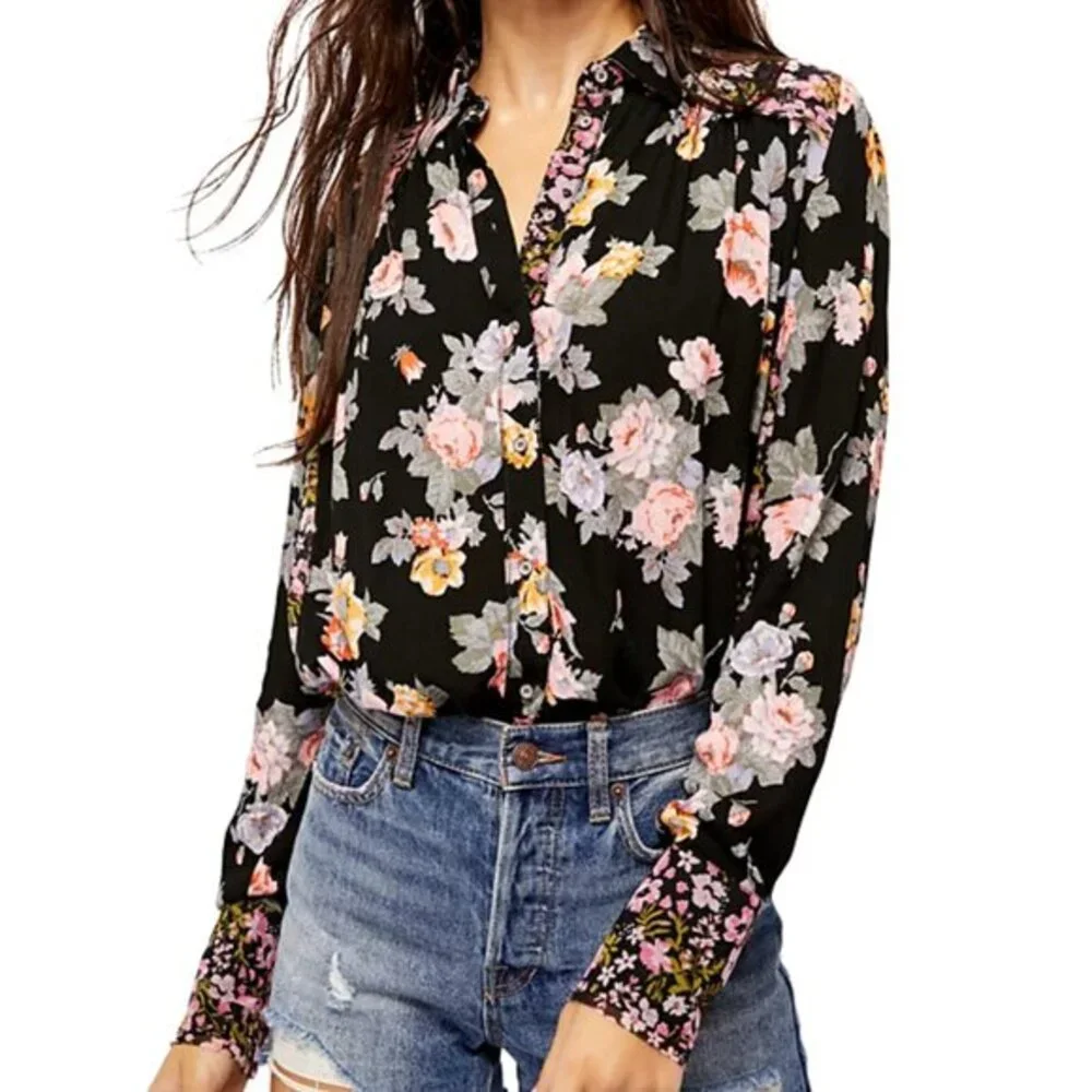 Free People Black Floral Mixed Media Button‎ Down Blouse Top